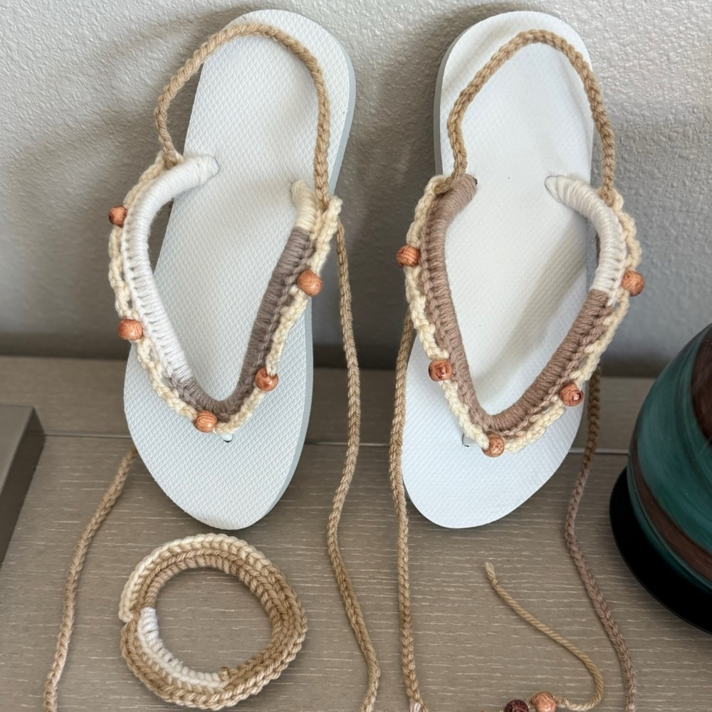 Handcrafted Crochet Beaded Sandals - Cream and Tan